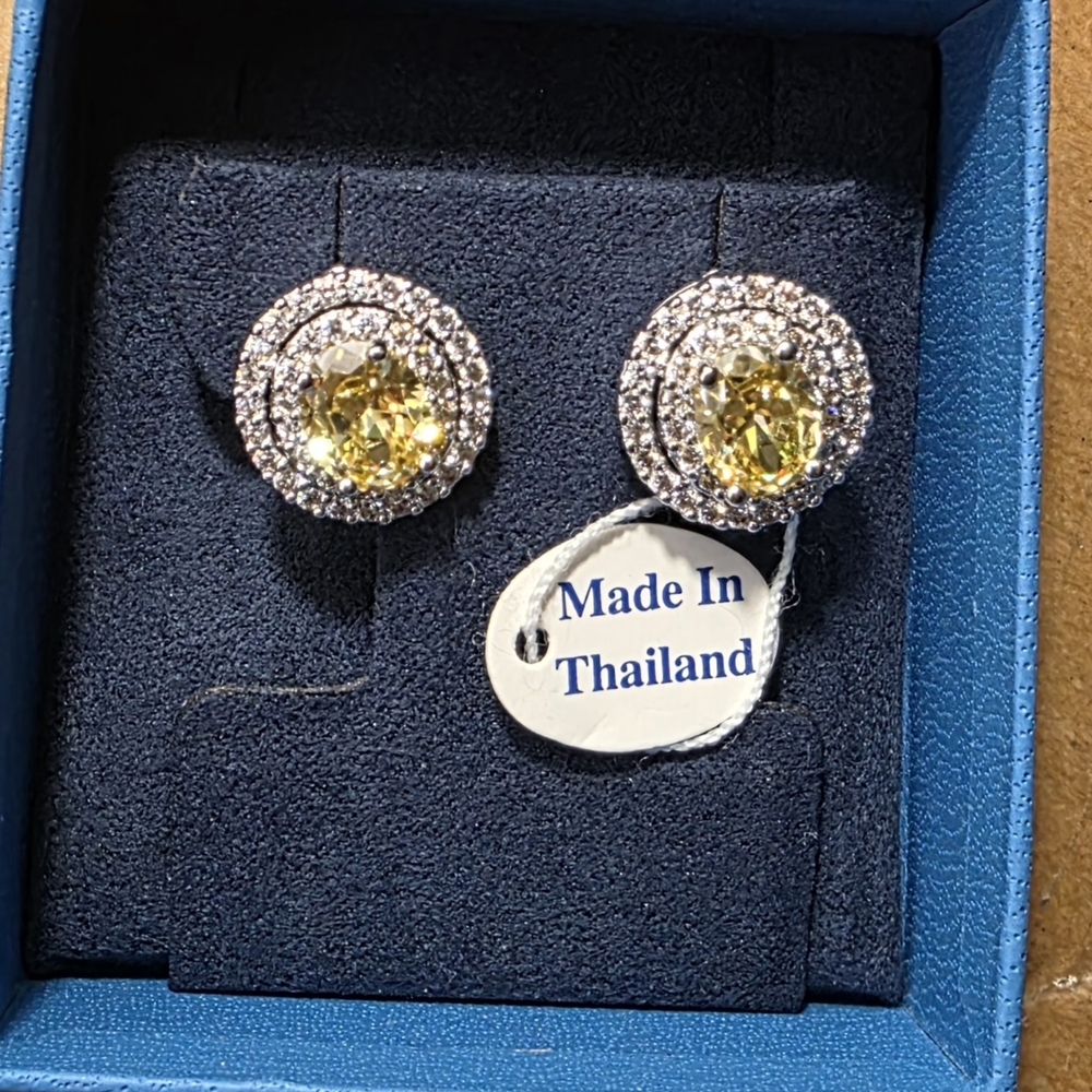 Yellow Citrine Halo Stud Sterling Silver Earrings Approx.4ctw